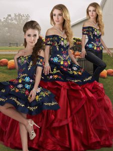 Red And Black Three Pieces Off The Shoulder Sleeveless Organza Floor Length Lace Up Embroidery and Ruffles Sweet 16 Dress