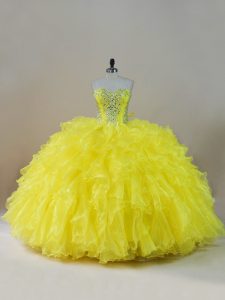Sleeveless Floor Length Beading and Ruffles Lace Up Vestidos de Quinceanera with Yellow