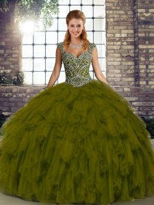 Organza Straps Sleeveless Lace Up Beading and Ruffles Quinceanera Dresses in Olive Green