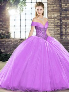 Inexpensive Off The Shoulder Sleeveless Organza Quinceanera Gown Beading Brush Train Lace Up