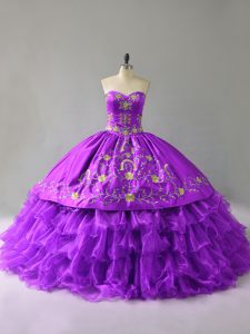 Purple Sweetheart Neckline Embroidery and Ruffles Quinceanera Gowns Sleeveless Lace Up