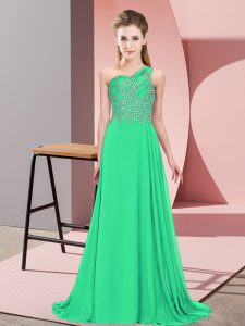 Sleeveless Chiffon Floor Length Side Zipper Homecoming Dress in Turquoise with Beading