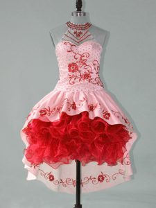 Best Selling Embroidery and Ruffles Dress for Prom Red and Pink Lace Up Sleeveless High Low
