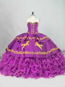 Sweetheart Sleeveless Brush Train Lace Up Sweet 16 Dresses Purple Satin and Organza