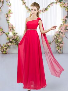 Superior Red Empire Chiffon One Shoulder Sleeveless Beading and Hand Made Flower Floor Length Lace Up Dama Dress