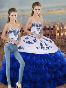 Royal Blue Two Pieces Sweetheart Sleeveless Organza Floor Length Lace Up Embroidery and Ruffled Layers and Bowknot Vestidos de Quinceanera