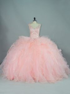 Peach Quinceanera Gowns V-neck Sleeveless Lace Up