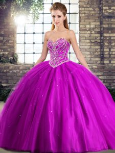 Flare Purple Tulle Lace Up Sweetheart Sleeveless Quince Ball Gowns Brush Train Beading