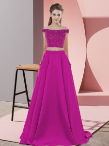 Traditional Fuchsia Homecoming Dress Prom and Party with Beading Off The Shoulder Sleeveless Sweep Train Backless