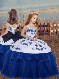 Sweet Blue Lace Up Straps Embroidery Little Girls Pageant Gowns Tulle Sleeveless