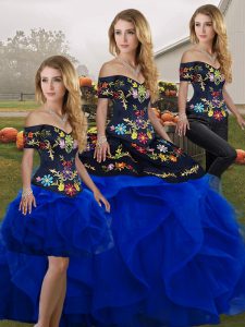 Floor Length Royal Blue 15 Quinceanera Dress Tulle Sleeveless Embroidery and Ruffles