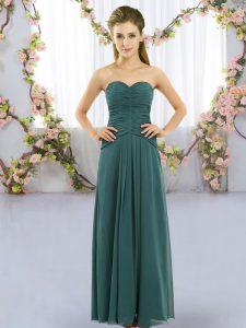 Luxurious Peacock Green Chiffon Lace Up Wedding Party Dress Sleeveless Floor Length Ruching