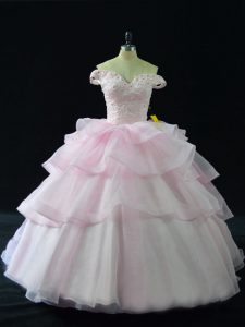Beading and Ruffled Layers 15 Quinceanera Dress Pink Lace Up Sleeveless Brush Train
