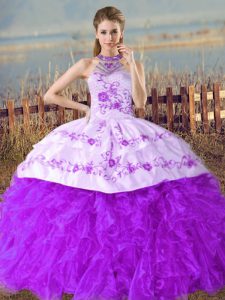 Purple Halter Top Lace Up Embroidery and Ruffles Ball Gown Prom Dress Court Train Sleeveless