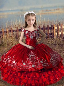 Red Satin and Organza Lace Up Off The Shoulder Sleeveless Floor Length Pageant Gowns For Girls Embroidery and Ruffled Layers