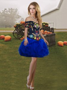 High Class Off The Shoulder Sleeveless Dress for Prom Mini Length Embroidery and Ruffles Royal Blue Tulle