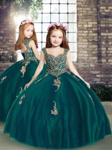 Adorable Floor Length Peacock Green Little Girls Pageant Dress Tulle Sleeveless Appliques