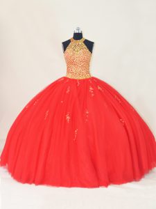 Red Quinceanera Gown Sweet 16 and Quinceanera with Beading and Appliques Halter Top Sleeveless Lace Up