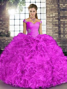 Modern Lilac Quinceanera Dresses Military Ball and Sweet 16 and Quinceanera with Beading and Ruffles Off The Shoulder Sleeveless Lace Up