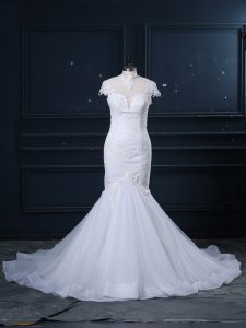 Spectacular Cap Sleeves Court Train Clasp Handle Lace Bridal Gown