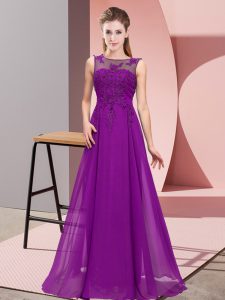 Purple Chiffon Zipper Quinceanera Court of Honor Dress Sleeveless Floor Length Beading and Appliques