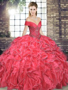 Lovely Coral Red Off The Shoulder Neckline Beading and Ruffles Sweet 16 Dress Sleeveless Lace Up