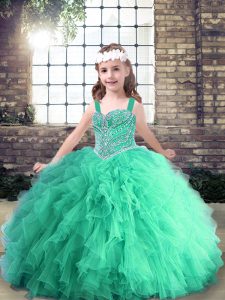 Best Floor Length Turquoise Pageant Dress for Womens Tulle Sleeveless Beading and Ruffles