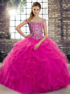 Off The Shoulder Sleeveless Brush Train Lace Up Quinceanera Dresses Fuchsia Tulle