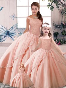 Simple Peach Off The Shoulder Neckline Beading Quinceanera Gown Sleeveless Lace Up