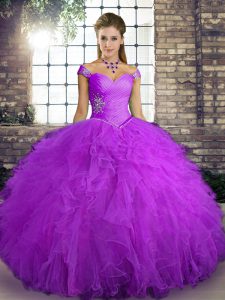Unique Sleeveless Tulle Floor Length Lace Up Sweet 16 Dresses in Purple with Beading and Ruffles