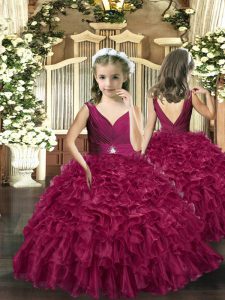 Gorgeous Floor Length Burgundy Kids Pageant Dress Organza Sleeveless Beading and Ruffles