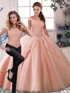 Best Two Pieces Sleeveless Peach Quinceanera Gown Brush Train Lace Up
