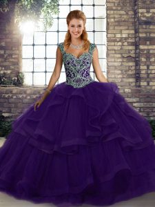 Purple Lace Up Straps Beading and Ruffles Quinceanera Gowns Tulle Sleeveless