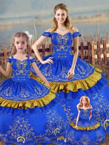 Custom Designed Blue Off The Shoulder Lace Up Embroidery Quinceanera Gown Sleeveless