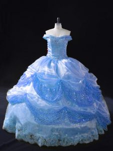 Blue Sleeveless Organza Lace Up Quince Ball Gowns for Sweet 16 and Quinceanera