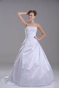 Taffeta Strapless Sleeveless Brush Train Lace Up Beading Wedding Gown in White