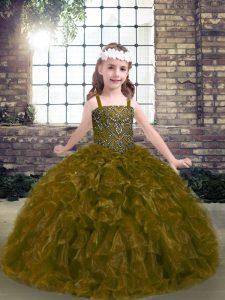 Unique Sleeveless Organza Floor Length Lace Up Pageant Dress for Teens in Olive Green with Beading and Ruffles