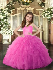 Hot Pink Straps Lace Up Ruffles Pageant Dresses Sleeveless