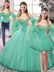 Exquisite Sleeveless Tulle Floor Length Lace Up Quince Ball Gowns in Turquoise with Beading