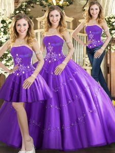 Purple Ball Gowns Strapless Sleeveless Tulle Floor Length Lace Up Beading Sweet 16 Dresses