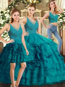 Floor Length Teal Quince Ball Gowns V-neck Sleeveless Backless