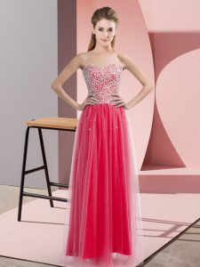 Fine Sweetheart Sleeveless Prom Evening Gown Floor Length Beading Coral Red Tulle
