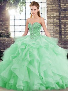 Amazing Green Vestidos de Quinceanera Military Ball and Sweet 16 and Quinceanera with Beading and Ruffles Sweetheart Sleeveless Brush Train Lace Up