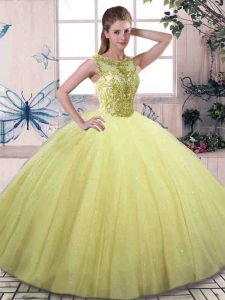 Modest Ball Gowns Quinceanera Dress Yellow Green Scoop Tulle Sleeveless Floor Length Lace Up