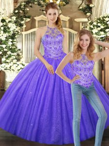 Lavender Two Pieces Tulle Halter Top Sleeveless Beading Floor Length Lace Up Quinceanera Dresses