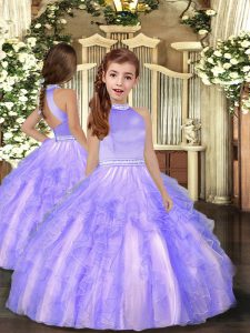 Lavender Tulle Backless High-neck Sleeveless Floor Length Kids Pageant Dress Beading and Ruffles