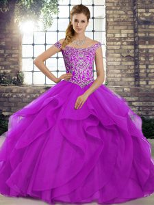 Tulle Sleeveless Quinceanera Gown Brush Train and Beading and Ruffles