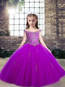 Off The Shoulder Sleeveless Lace Up Pageant Dress for Girls Purple Tulle