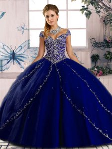 Sweetheart Cap Sleeves Brush Train Lace Up Sweet 16 Quinceanera Dress Royal Blue Tulle