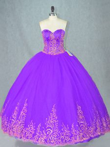 Eye-catching Purple Ball Gowns Sweetheart Sleeveless Tulle Floor Length Lace Up Beading Vestidos de Quinceanera